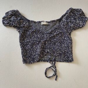 Aéropostale Blue Floral Ruched Crop Top S Puff Sleeve Drawstring Y2K Cute Blouse